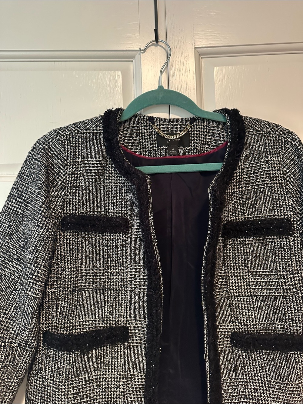 J. Crew Black and White Tweed Fringe-Trim Blazer